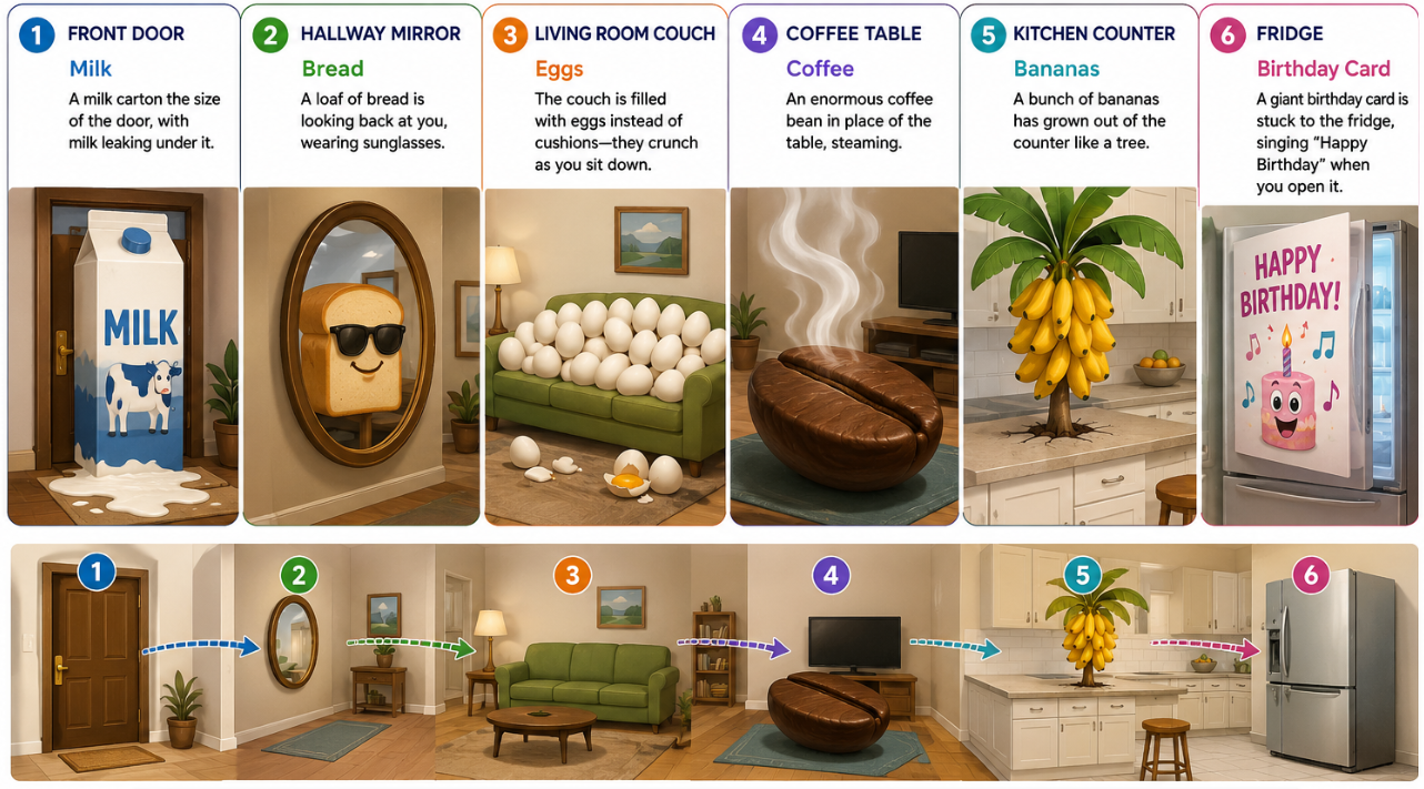 Illustrated method-of-loci grocery walk: six numbered locations, each with a vivid image&mdash;front door (a giant milk carton), hallway mirror (a loaf of bread in sunglasses), living-room couch (eggs instead of cushions), coffee table (a steaming coffee bean), kitchen counter (a banana tree) and fridge (a singing birthday card)&mdash;above a cutaway of the house showing the route walked in order.